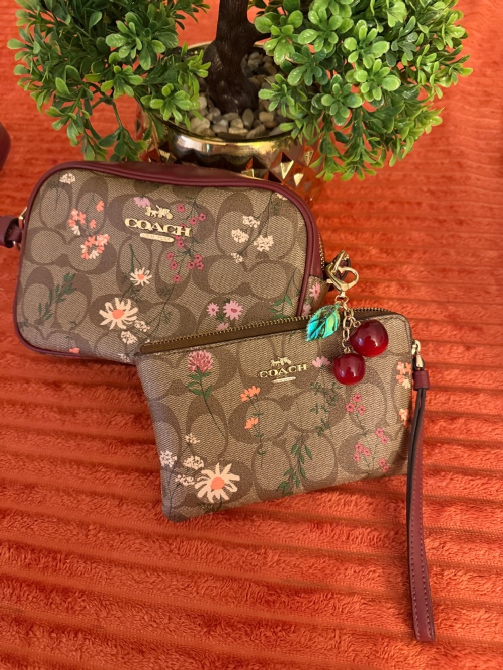 Coach Floral Signature Crossbody in Brown and Burgundy Trim
